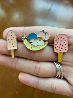 Cute Enamel Pin Set Pack of 3 - Pink & Blue Ice Cream and Moon Designs